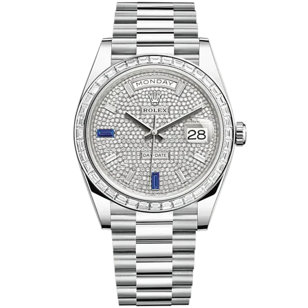 Rolex Ref. 228396TBR Pave Dial Day-Date Sapphire 6/9 Markers Baguette Bezel