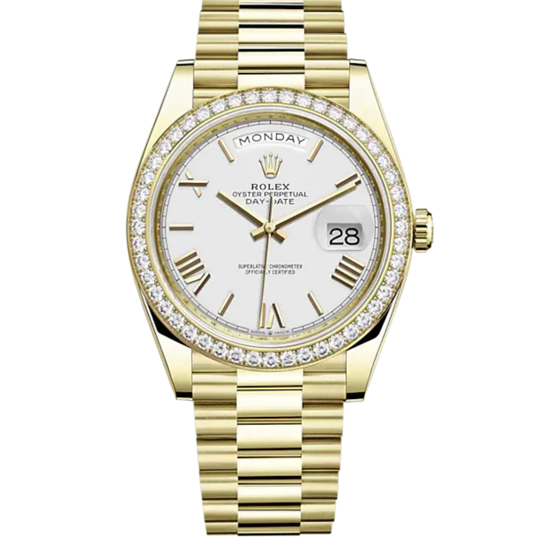 Rolex Day Date Ref. 228348RBR Yellow Gold White Roman Dial Diamond Bezel