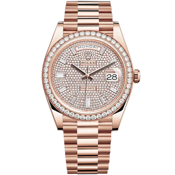 Rolex Day Date Ref. 228345RBR 40MM Rose Gold Pave Dial/Baguette Markers with Diamond Bezel