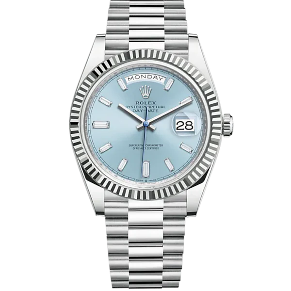 Rolex Day Date Ref. 228236 40mm Platinum Ice Blue Dial with Baguette Marker