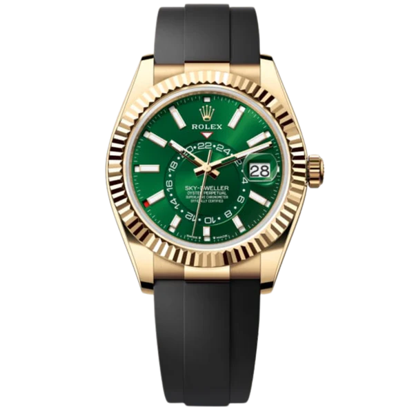 Rolex Skydweller 336238 Yellow Gold Green Dial on Oysterflex